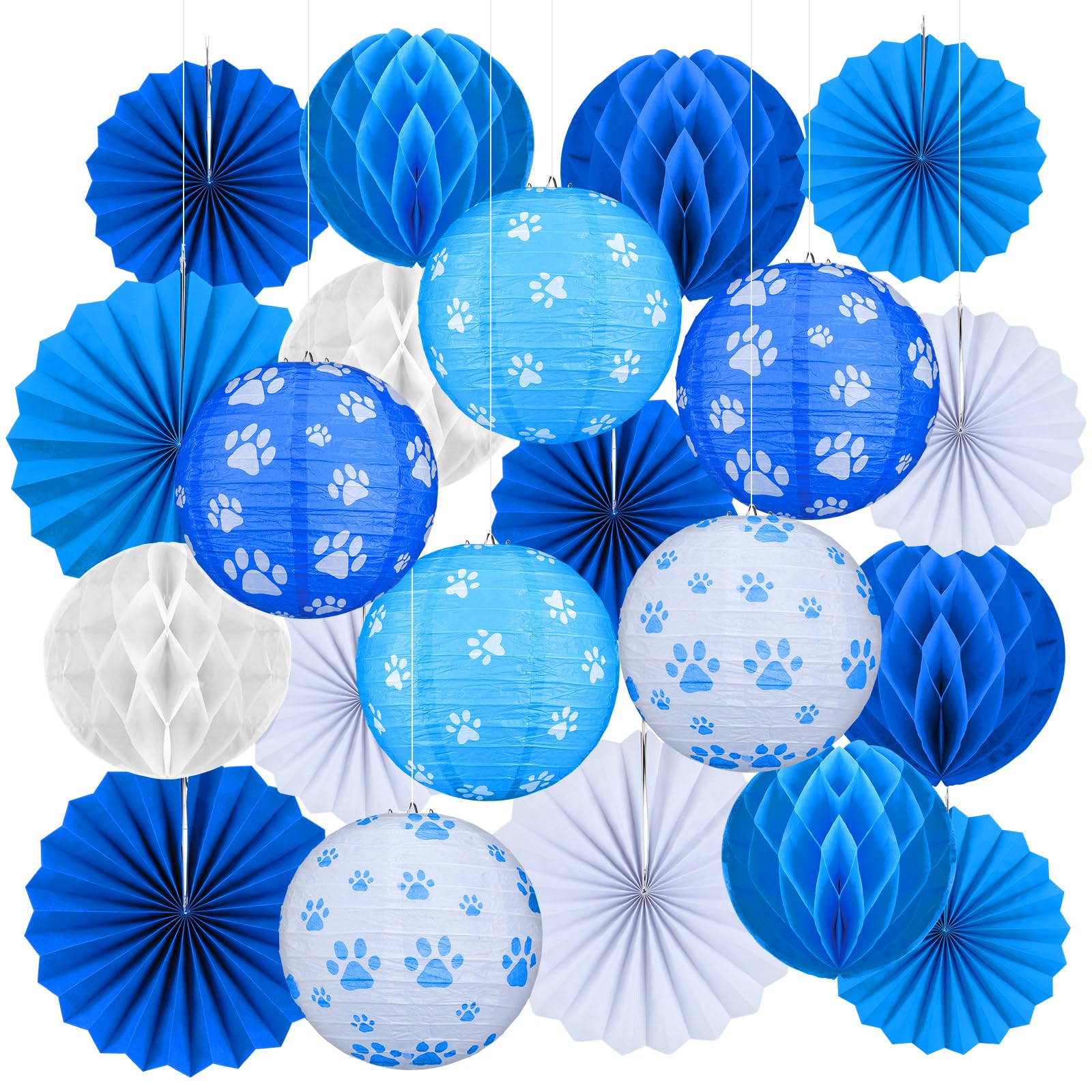 Retisee 18 Pcs Dog Paw Party Decorations Kit Puppy Themed Party Hanging Decorations Blue White Pet Paw Print Round Paper Lanterns Paper Fans Honeycomb Ball for Dog Birthday Classroom Ceiling Supplies