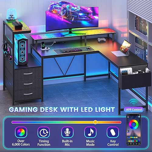 Miniatura 3 de Escritorio para juegos en forma de L de 63 pulgadas con toma de corriente y luces LED, escritorio reversible en forma de L con 3 cajones para