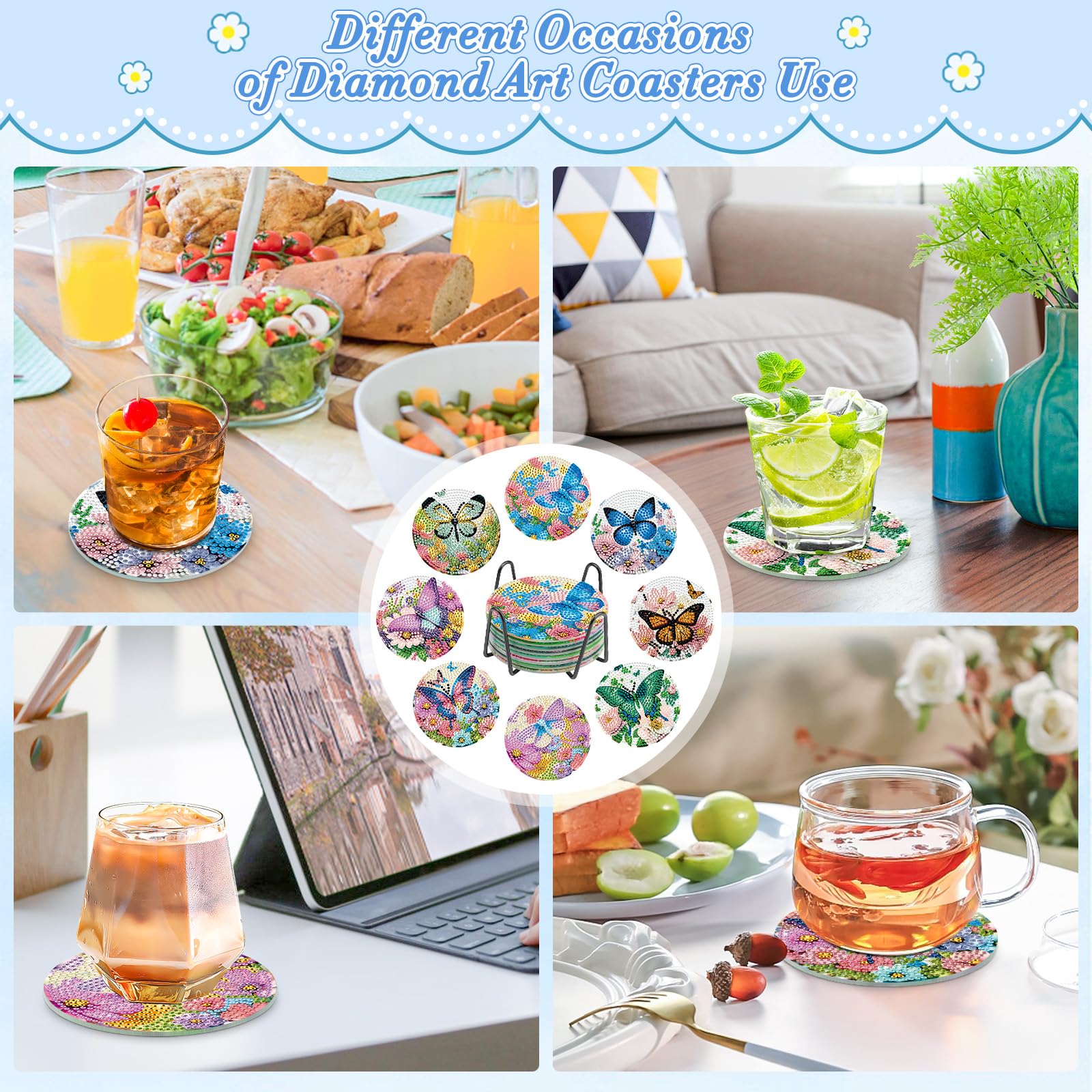 8 pezzi sottobicchieri con supporto, 4 colori sottobicchieri assorbenti