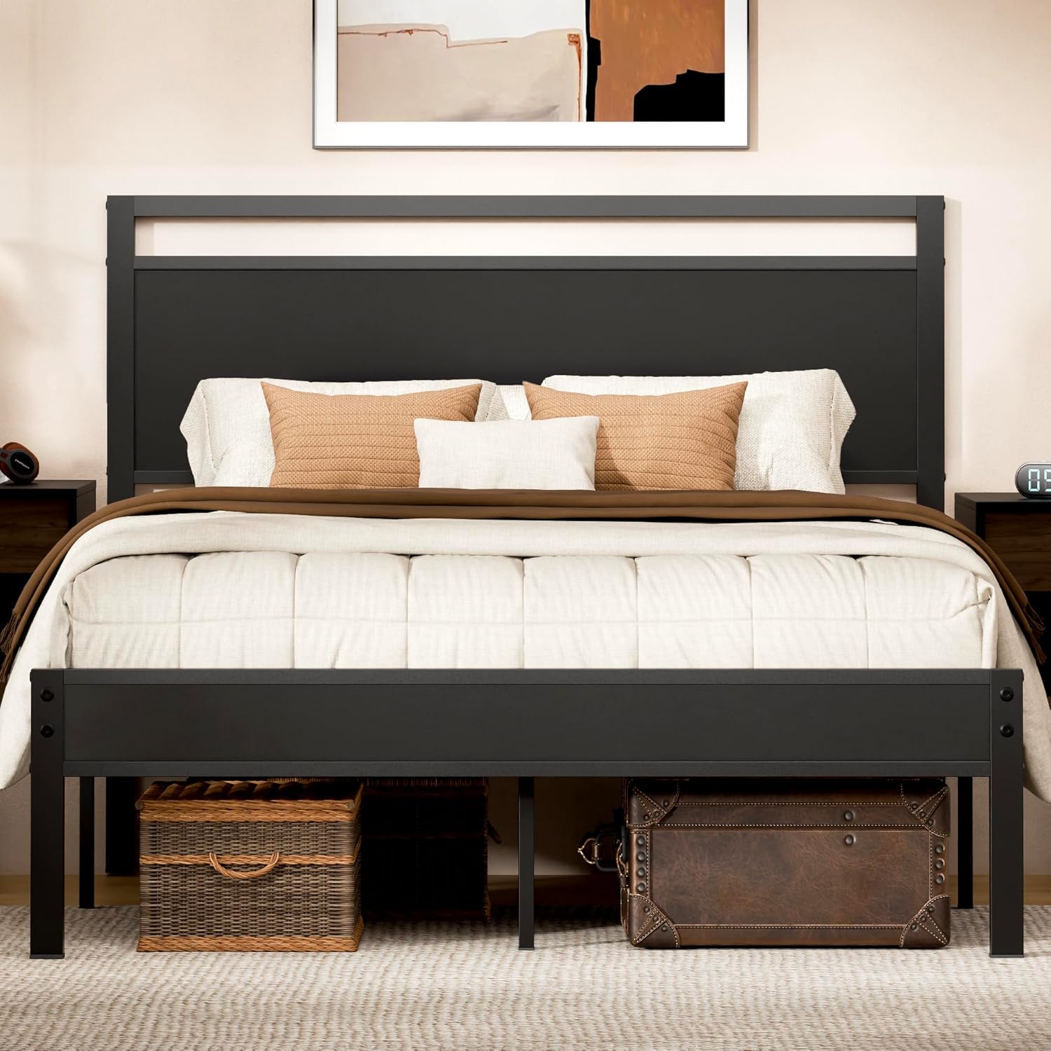 Z-hom Queen Bed Frame with Modern Wood Headboard & Footboard, Upgraded Heavy Duty Metal Sturdy Bed Frame Queen Size, Stable Platform Bed Furniture Bed Storage, No Noise, No Box Springs, Black Queen Black