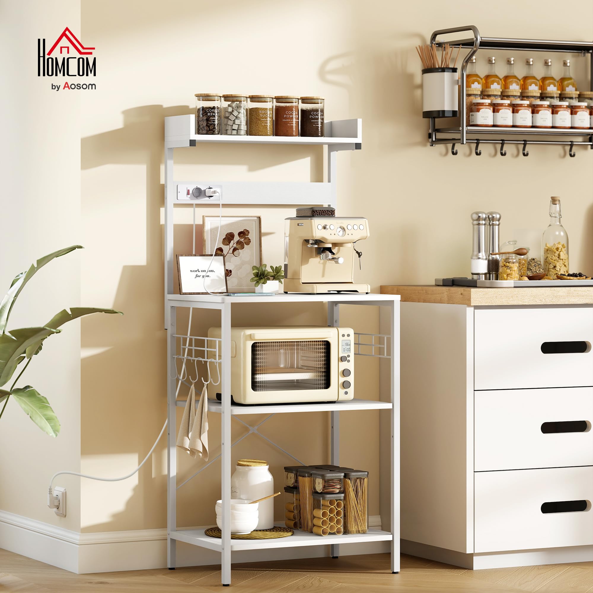 HOMCOM Scaffale da cucina con 2 prese elettriche, scaffale industriale da panetteria con postazione caffè, ripiano per microonde, ripiano regolabile, ganci, 60x42x137 cm, bianco