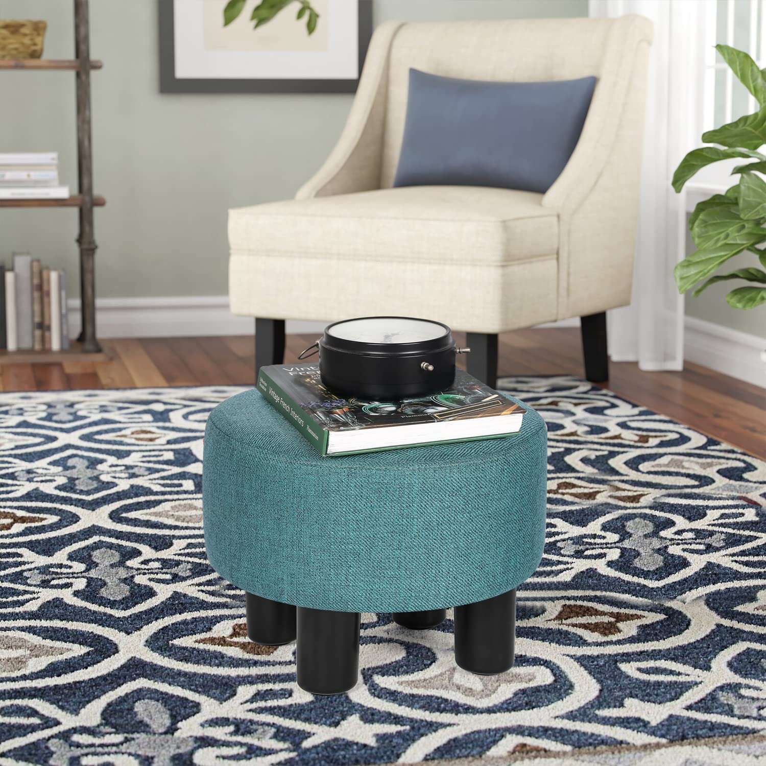 Joveco Small Foot Rest Stool Ottoman, Linen Round Short Low Foostool for Chair, Under Office Desk, Living Room, Teal Blue
