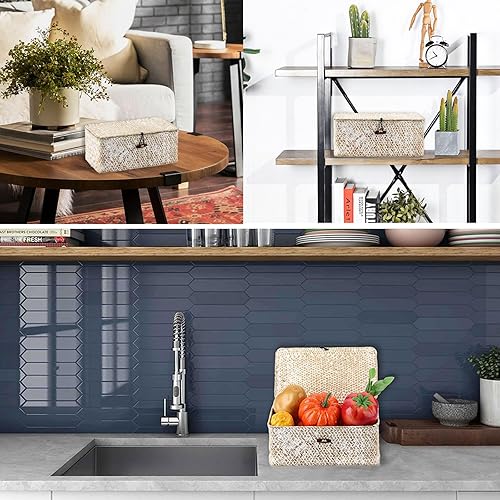 Vista 12 de Hipiwe Cestas de mimbre con tapa, cesta de pastos marinos tejida a mano, cestas rectangulares para el hogar, cajas para estantes, armario, Café