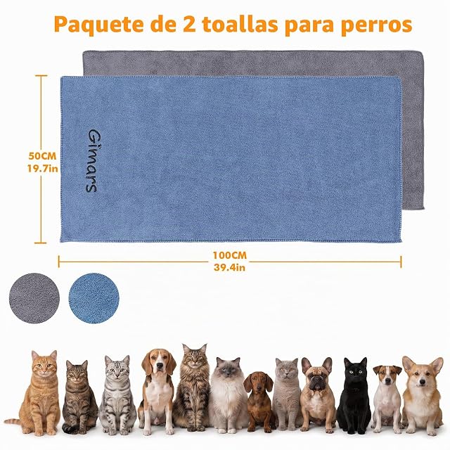 Foto 2 de 7 de Gimars 2 Toallas de Perro de Microfibra, súper Absorbente, Secado rápido, 100x50 cm, Azul y Gris