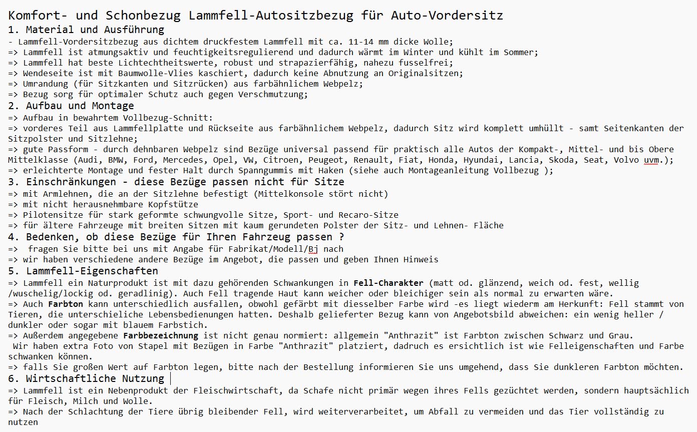 Lammfell-Autositzbezug Lammfellbezug Schonbezug Autofell Vollbezug universal (Anthrazit)