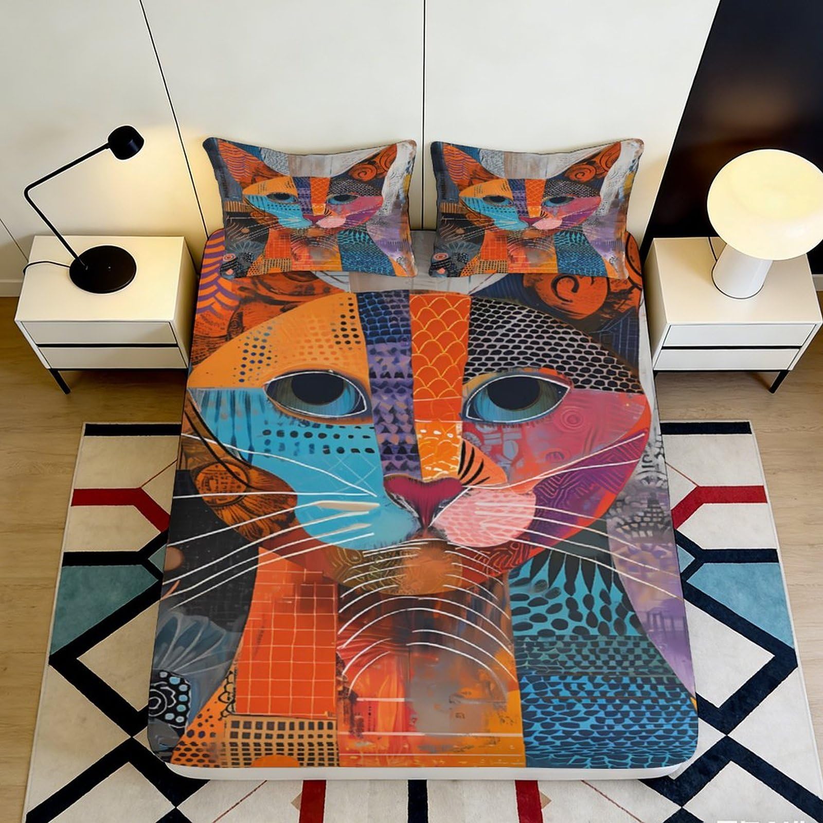 3D Printed Patchwork Cat Fitted Sheet Microfiber Deep Pocket Non-Slip Bedroom Set Patchwork Cat Mattress Fitted Cover Washable for Adults Teens 90x200x25cm