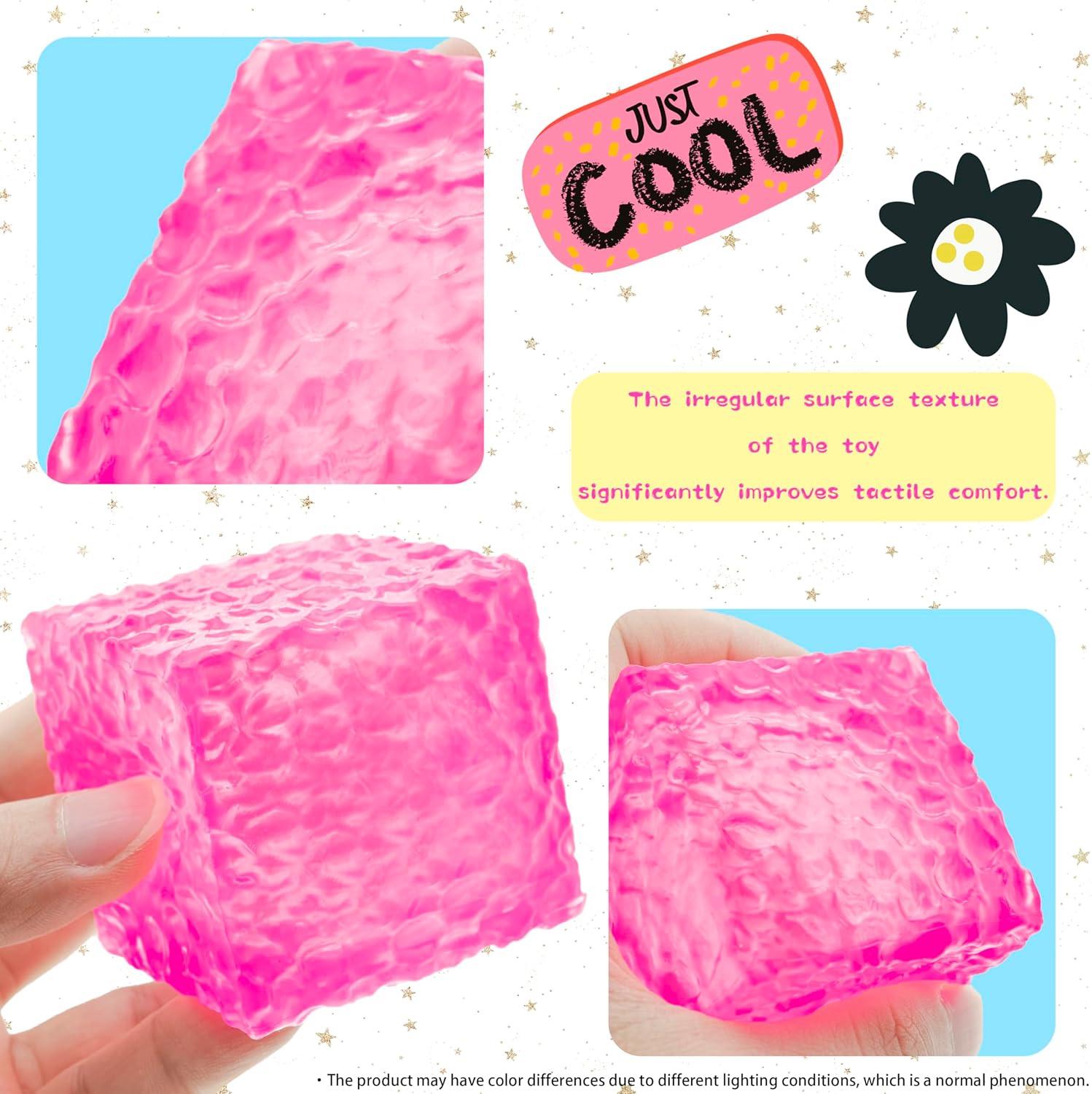 Big Sensory Fidget Toys Textured Stress Cube for Kids Adults, Maltose Filled Squishy Stretchy Balls for Boys Girls, Anxiety Relief Squeeze Toys for ADHD Autism, Home Office Classroom Gifts (Pink) - Image 2