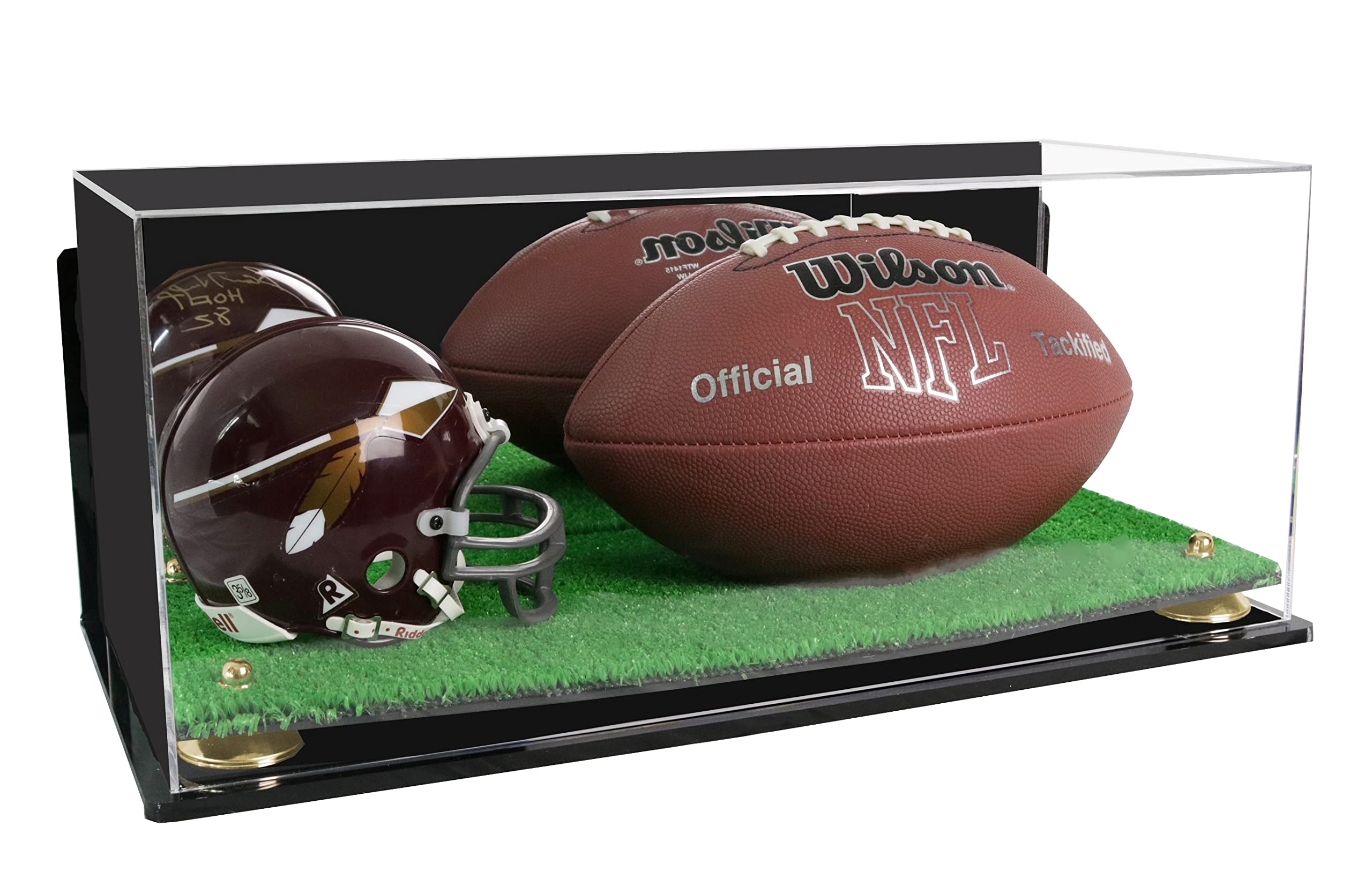 Better Display Cases Acrylic Display Case for Full Size Football and Mini Helmet - Large Rectangle Box with Mirror Case, Gold Risers, Wall Mount and Turf Base 19.25