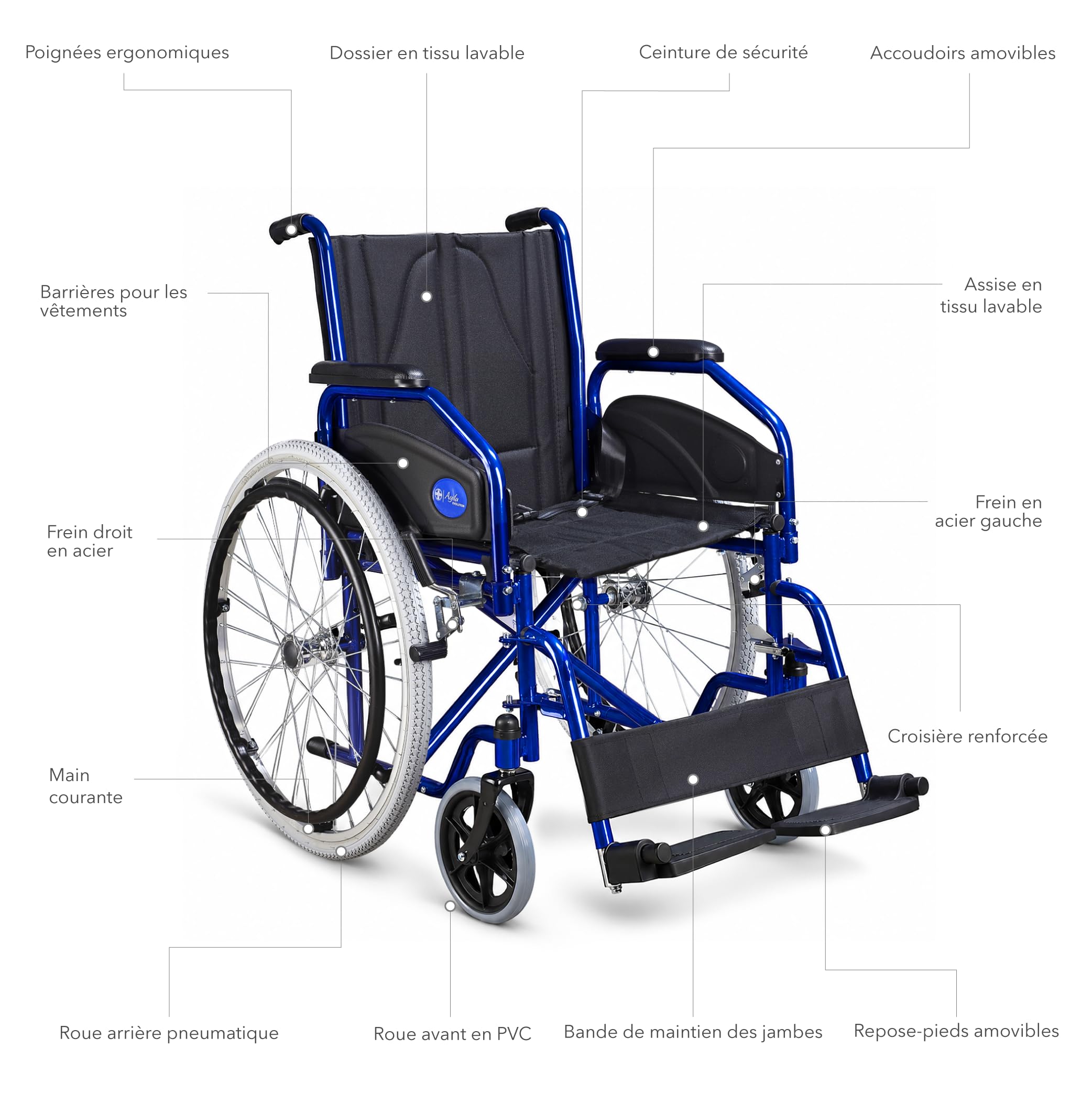 AIESI® Fauteuil Roulant pliable léger à autopousser pour handicapés et les personnes âgées AGILA EVOLUTION, Accoudoirs et repose-pieds amovibles, Ceinture de sécurité, Pompe à air, Garantie 24 mois