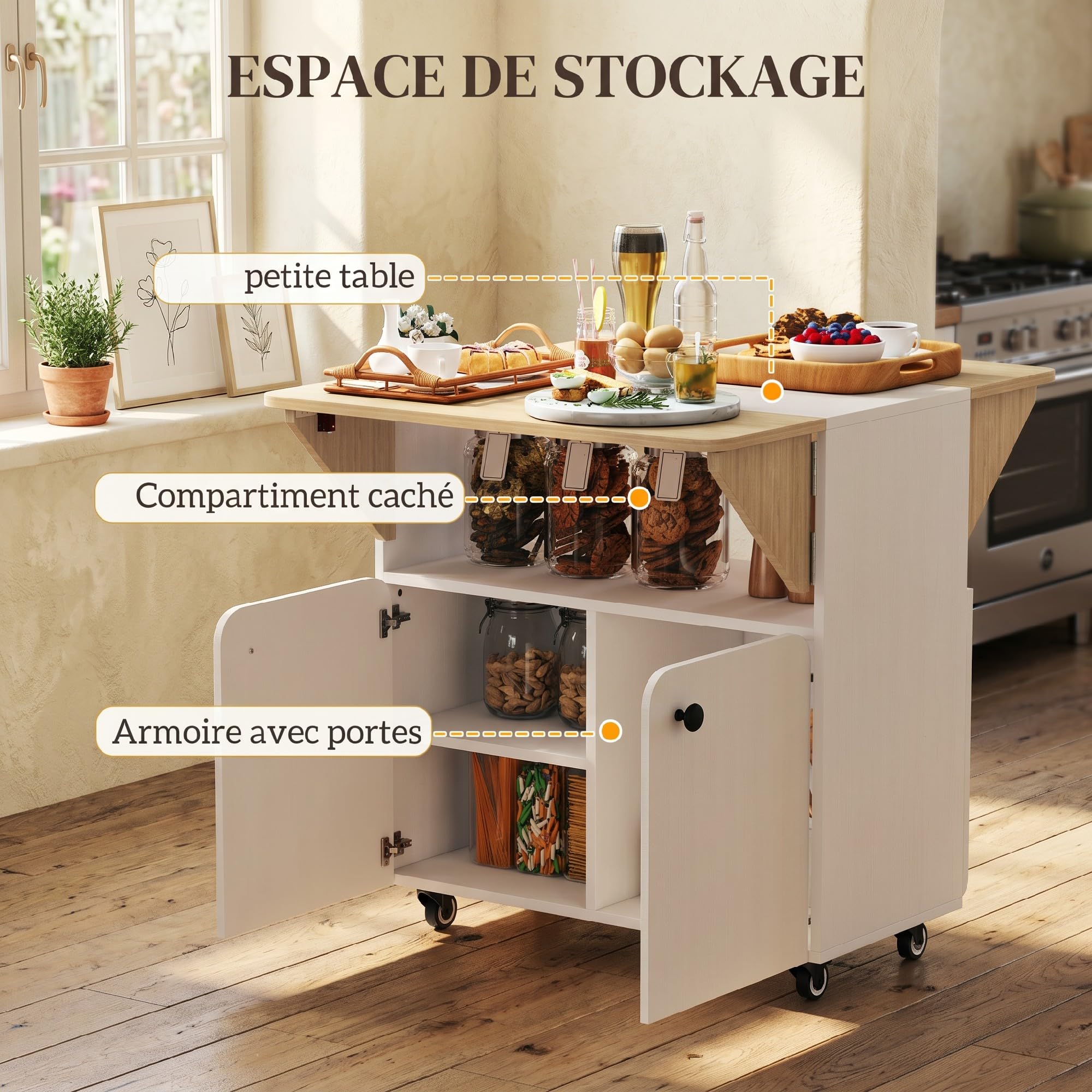 HOMCOM Table à Manger Pliante sur roulettes Étagère 70x83x75 cm Blanc