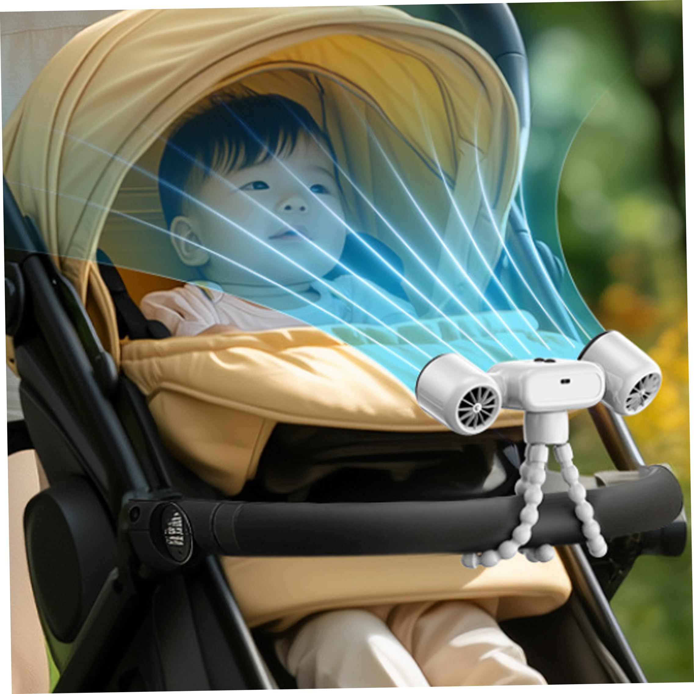 Ventilatori da scrivania, Ventilatore per Passeggino, Doppia Testa Ricaricabile, Bianco, 3 velocità | Design flessibile con clip, sicuro per i più piccoli, ideale per passeggini e viaggi in auto