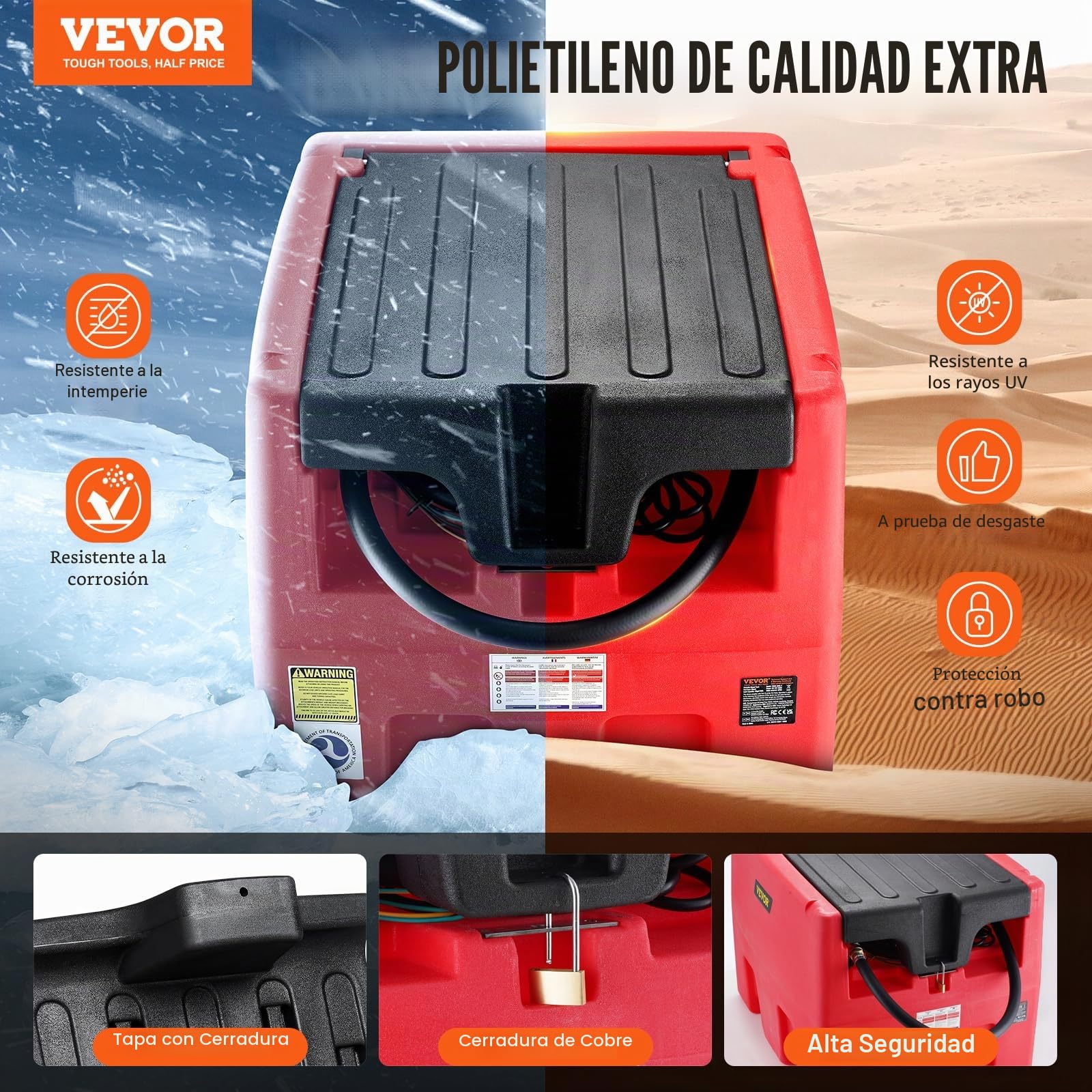 VEVOR Depósito Portátil de Gasolina Diesel 182 L Tanque de Repostaje de Combustible Bomba de Transferencia de 12 V 40 L/min Manguera de 4 m Boquilla de Repostaje Automático para Vehículos, Rojo