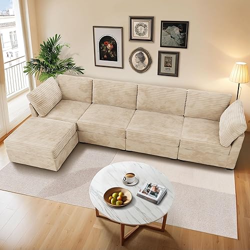Luxury Modular Sectional Sofa Couch - 130" Oversized L Shaped Cloud Couch for Living Room,Deep Seat Upholstered Convertible Sleeper Sofa Couch with Chaise Ottoman,Plush Corduroy,Beige