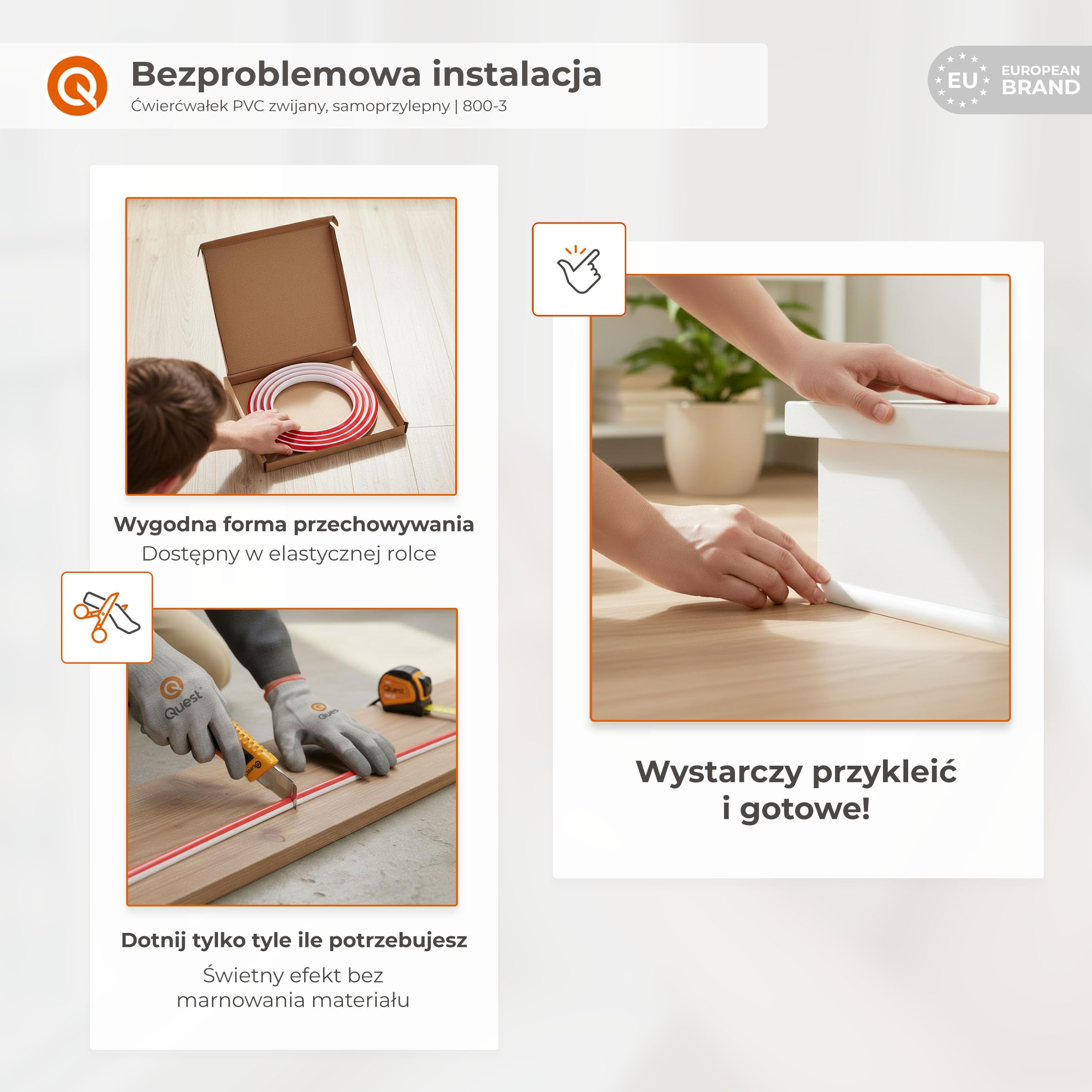 Quest ćwierćpręt PVC zwijany 10x10 mm samoprzylepny – czarny, 3 m | Miękka listwa dekoracyjna w rolce, maskuje styki ścian, blatów i mebli, odporna na UV, łatwa do przycięcia nożem