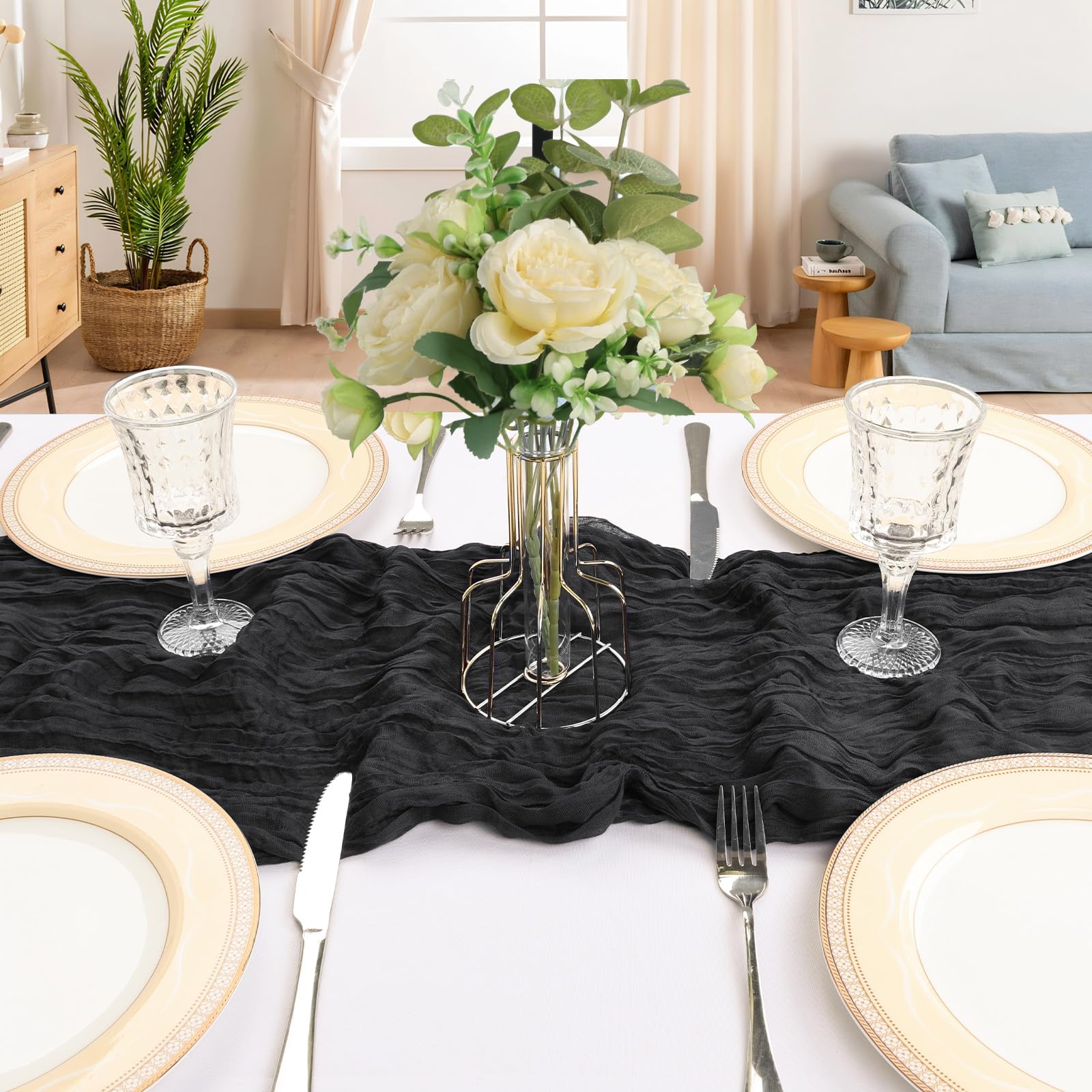 Paquete de 12 Caminos de Mesa de Gasa Negra de 10 pies de Largo, Gasa rústica, Bohemia, Primavera, Queso, decoración de Tela Transparente para Fiestas, Bodas, Banquetes, Despedidas de Soltera, Baby