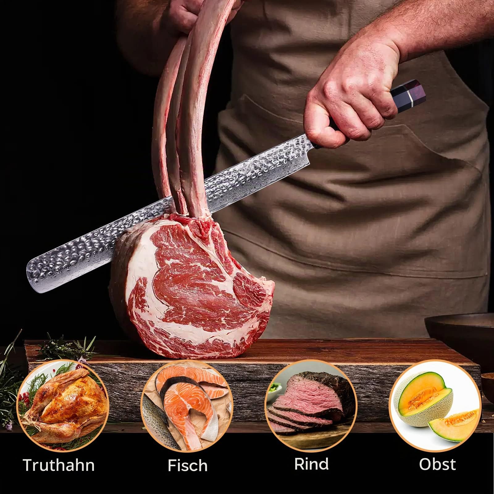 FINDKING Brisket Messer 30cm Damast Fleischmesser mit ABS Scheide Eternity | 9Cr18MoV Damaststahl, Harzgriff achteckig, Eternity Serie, BBQ Messer, Tranchieren, Fleisch schneiden, Grill