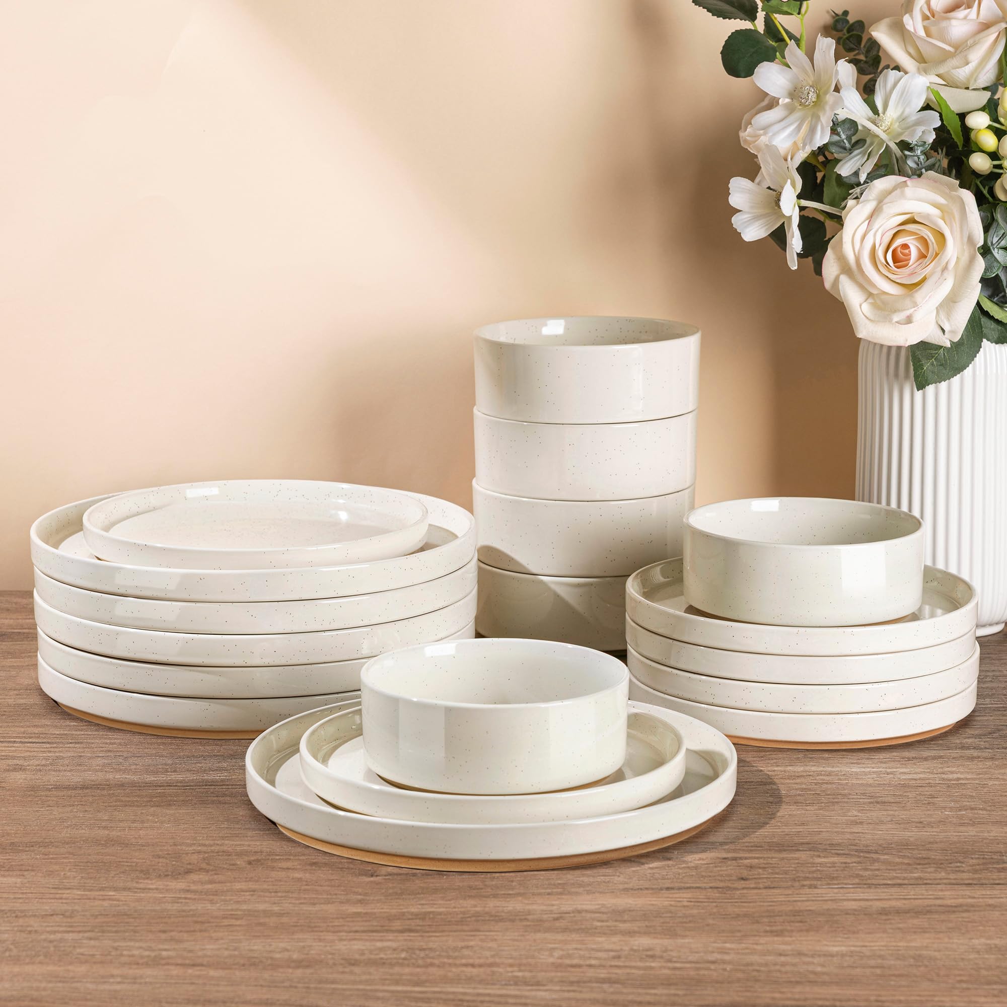 AmorArc Ceramic Dinnerware Set for 6 | Speckled Stoneware Plates and Bowls with Rustic Terracotta Underside| Scratch Resistant,Dishwasher & Microwave Safe Dishes Sets- 18pcs Beige