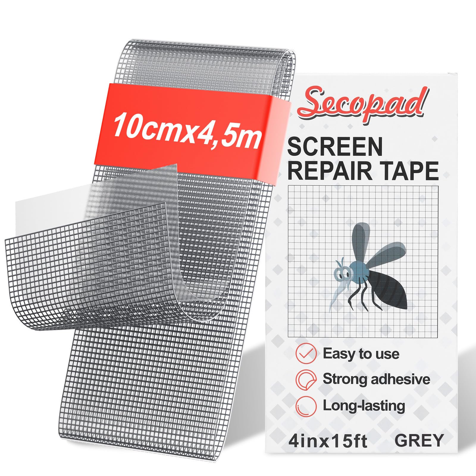 Secopad Nastro Adesivo per Zanzariere, 10 cm x 4,5 m Nastro Riparazione per Zanzariere, Nastro in Fibra di Vetro per Zanzariere Ripara, Ripara Zanzariera Rapidamente, Grigio