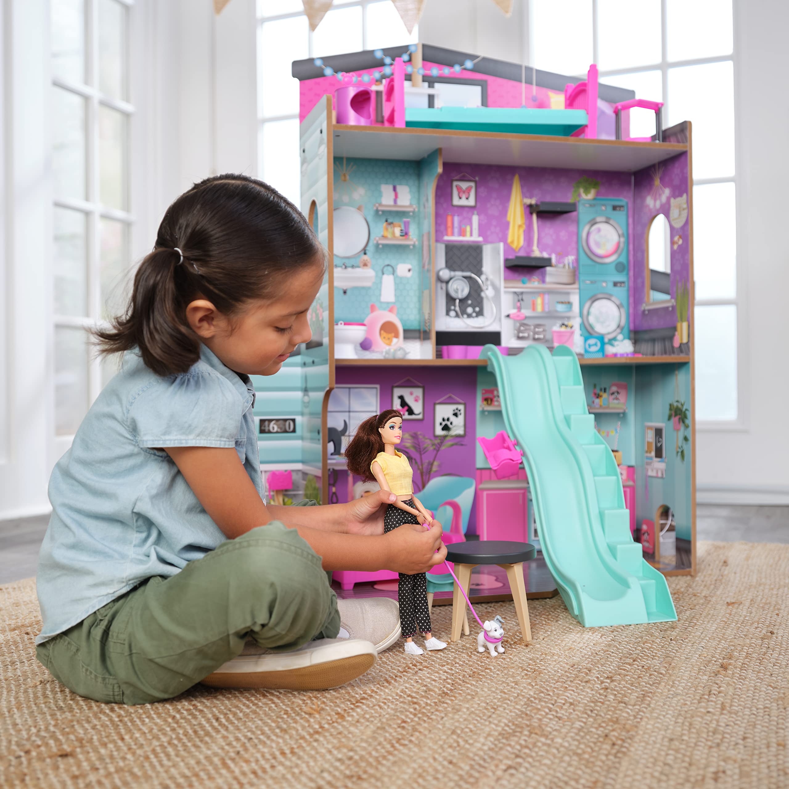 KidKraft Purrfect Domek dla lalek z drewna z meblami i akcesoriami, dla lalek 30 cm, domek z kotem i psem, figurki do zabawy, motyw zwierząt domowych, zabawka dla dzieci od 3 lat, 20240