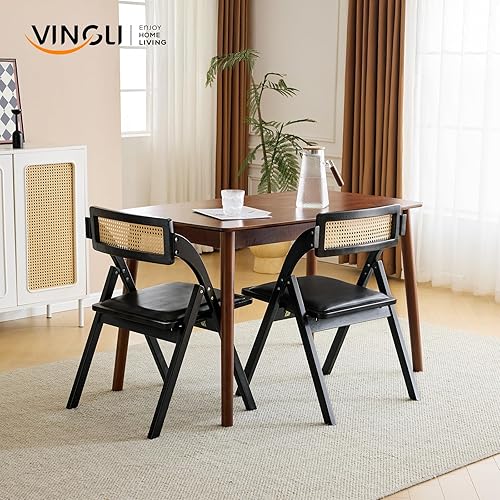 Miniatura 2 de VINGLI Juego de 2 sillas plegables de comedor, sillas plegables de madera con respaldo de ratán, cojín de cuero, marco de madera de haya sin brazos