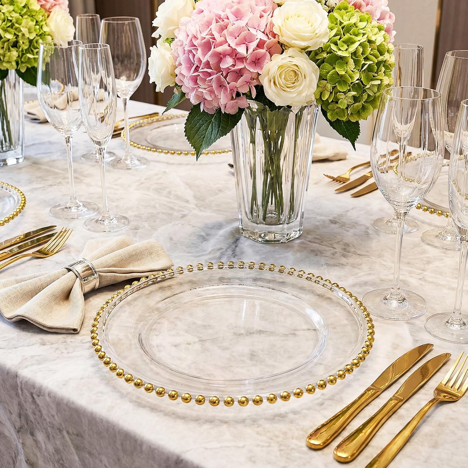 13" Acrylic Clear Charger Plates 10Pcs Elegant Gold Beaded Charger Plates Table Plate Chargers Decor for Wedding Reception, Holiday Party, Family Gathering & Daily Table Setting