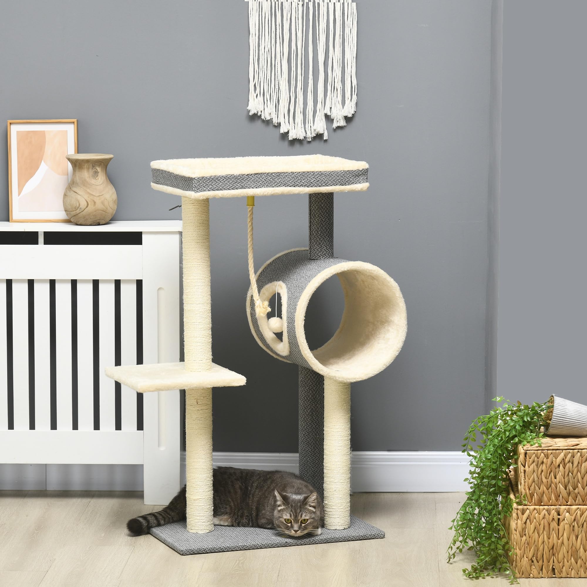Rascador PawHut 104 cm árbol para gatos con cueva para gatos, rascador para gatos con pelota de juego, árbol para gatos con 2 zonas para tumbarse, árbol trepador para gatos de hasta 5 kg, muebles para