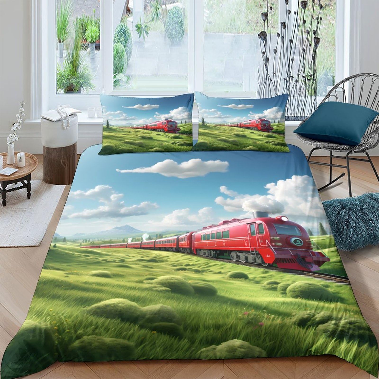 Ctjqhvkz Style-10 3D Printed Red Train Countryside Fitted Sheet Microfiber Scenic Bed Cover For Bedroom Dorm Easy Care Decor Single（135X200cm）