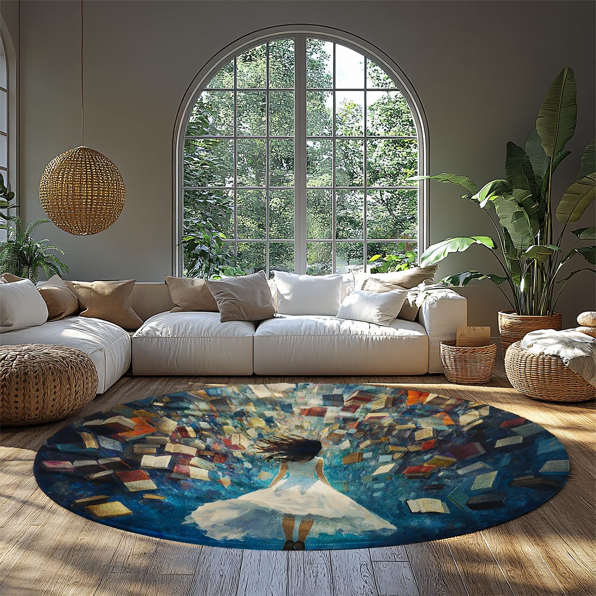 Tapis Rond 100cm Livres Volants Fille Anime Tapis Circulaire Style Peinture Huile bibliothèque Magique antidérapant Fin Faible épaisseur carpette déco Salon Bureau Appartement
