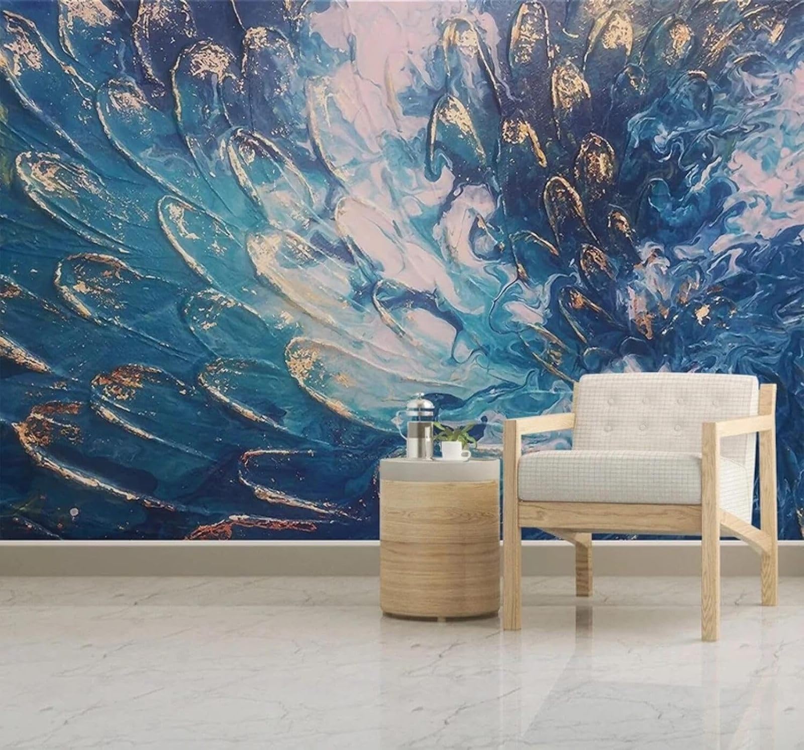 XLMING Abstract Blue Gold Feathers Art 3D Wallpaper Silky Texture Home Study Office Grey Dining Room Sofa Bedroom Living Room TV Backdrop-430cm×300cm