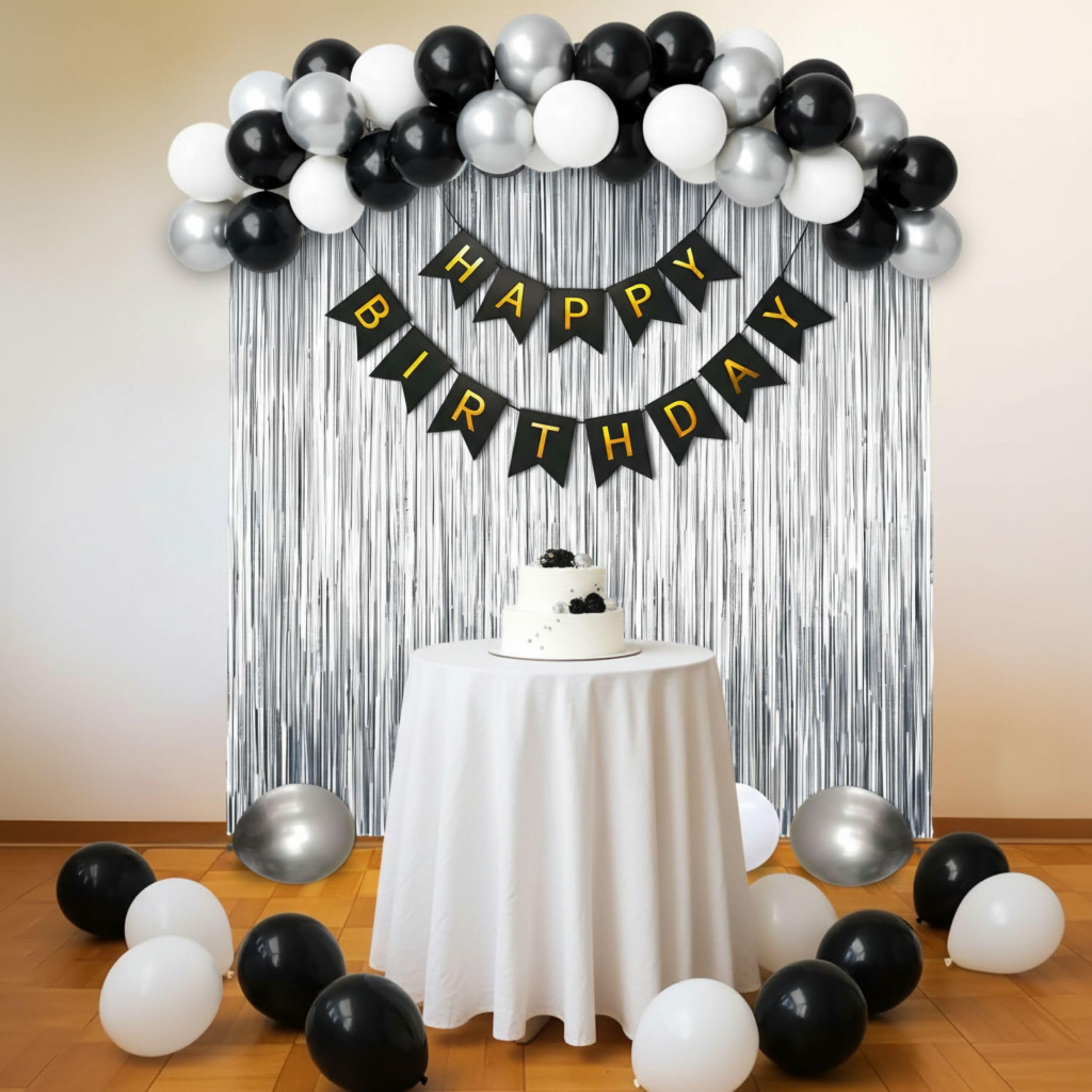 Balloonistics 40 Pcs Black, White & Silver Birthday Decoration Kit – Elegant Aesthetic Party Decor with Happy Birthday Banner, Foil Fringe Curtain, Metallic Balloons & Ribbons