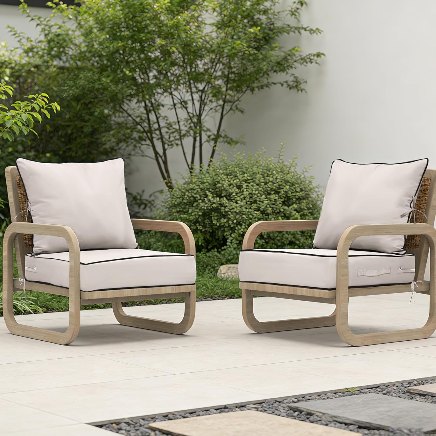 22x22 Outdoor Chair Cushions Set of 2, Waterproof Deep Seat Cushions for Patio Furniture with Removable Cover,Fade Resistant 4'' Outdoor Seat Cushion with Ties Handle for Sofa Couch,Cream Black Piping Cream+black Pipes 22x22x4in-2Set