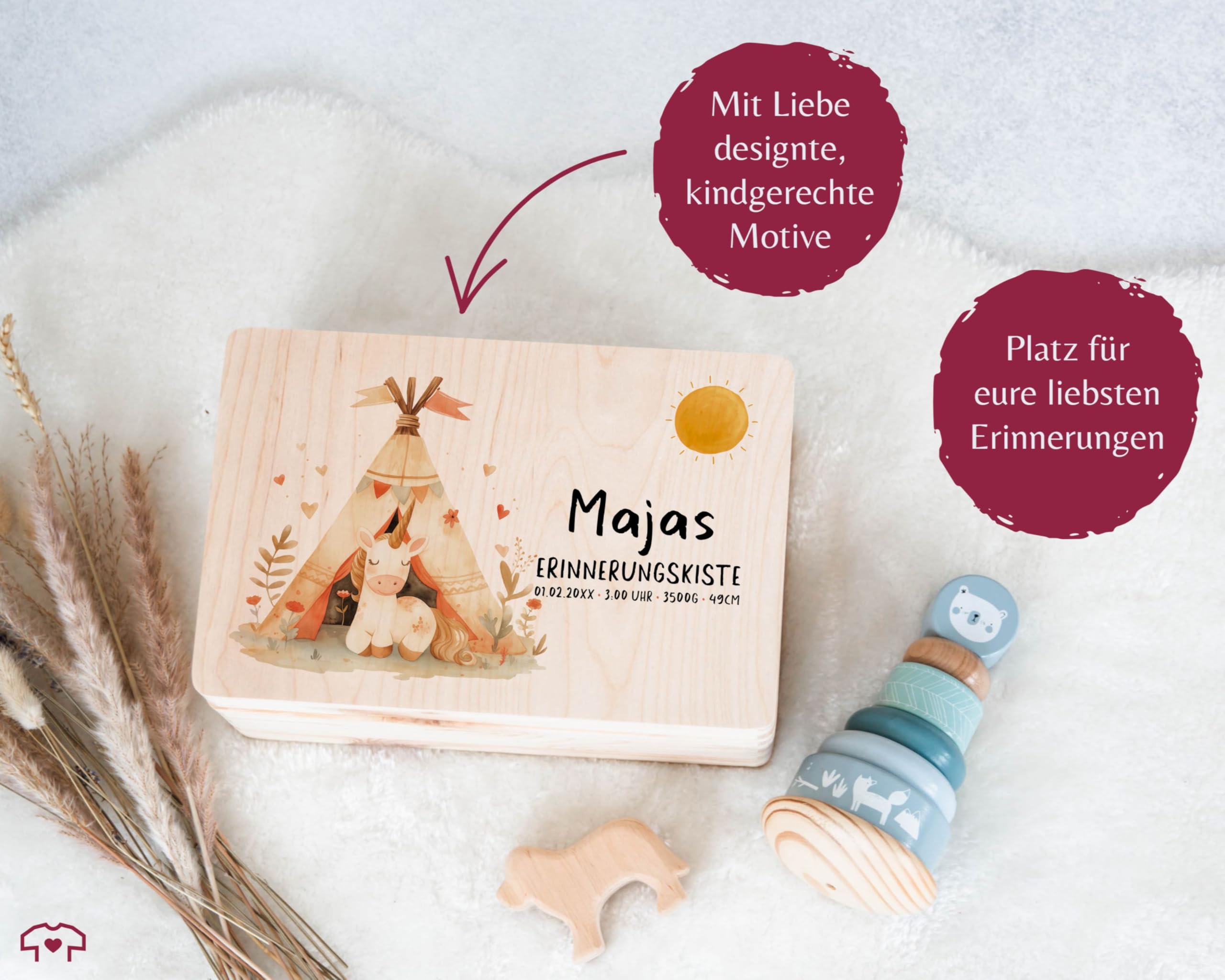 Holz Geschenkbox Holzkiste - Einhörner - Personalisierte Baby Geschenke | Erinnerungskiste Einhorn Name Datum | Erinnerungsbox Baby Personalisiert Mädchen - 30 x 20 x 14 - Holz