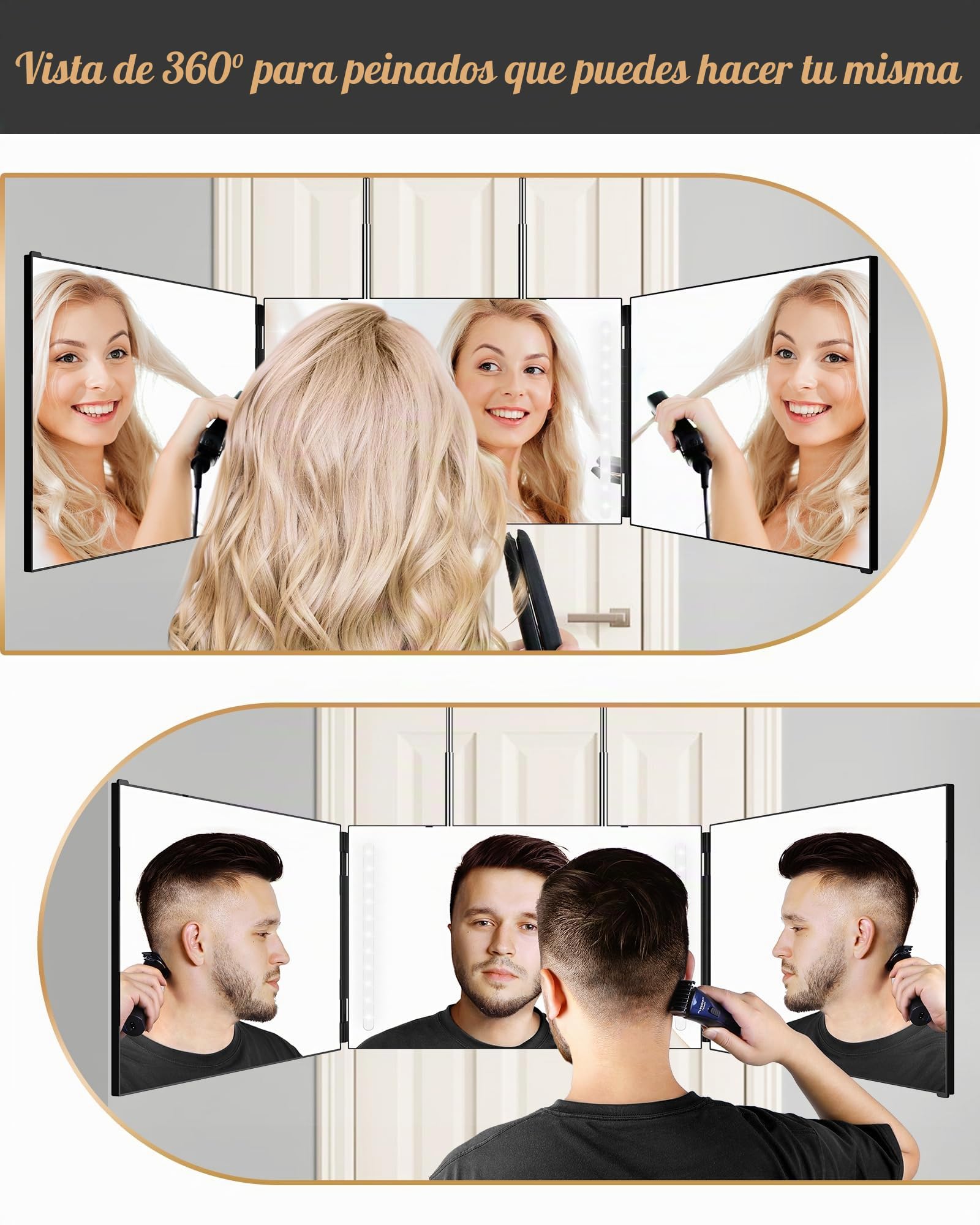 JUSRON Espejo Plegable Portátil de 360 Grados - 3 Piezas con Corte Automático, Altura Ajustable y Ganchos para Peluquería, Maquillaje y Afeitado