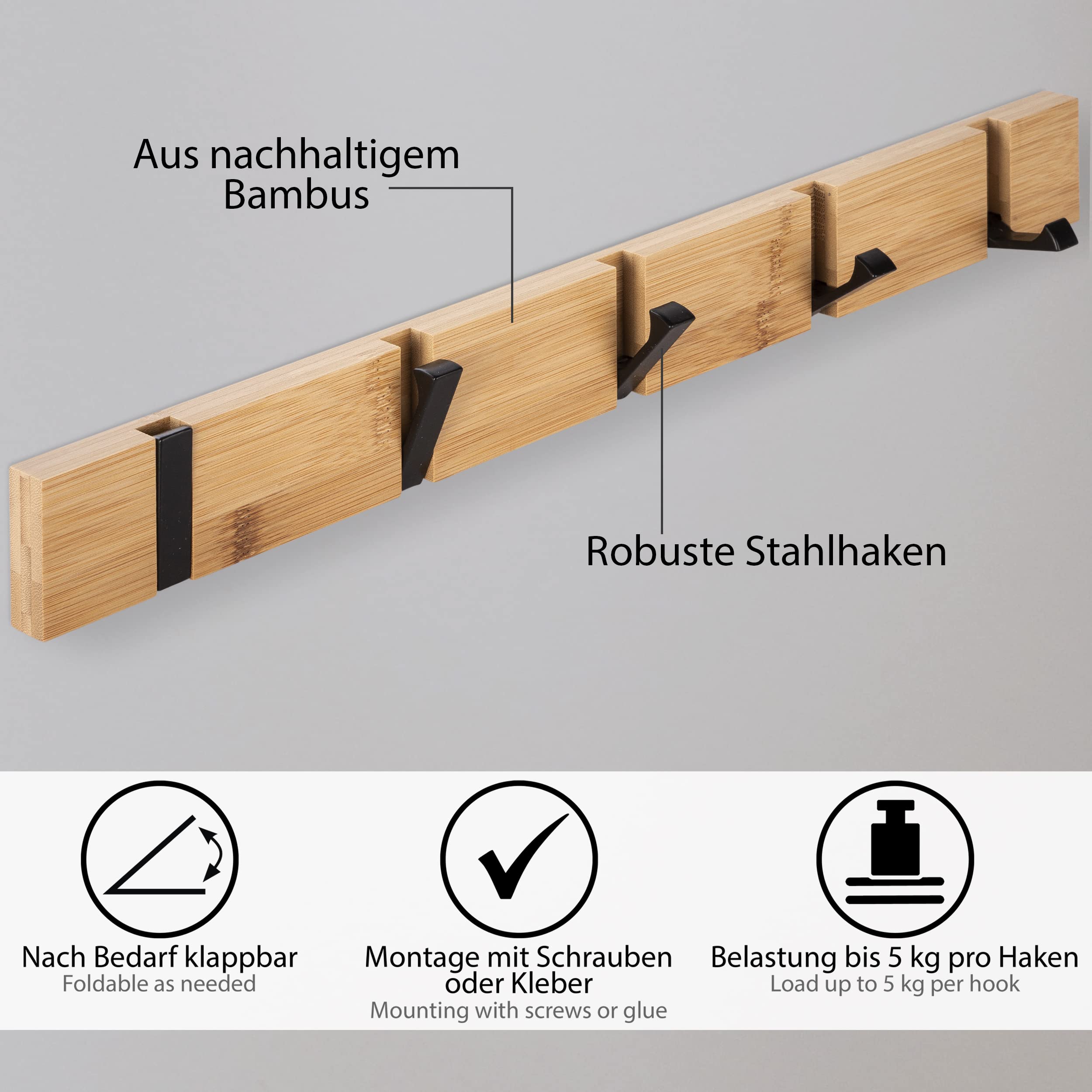 ONVAYA Garderobenhaken | Bambus | Wandgarderobe in modernem Design |  Garderobenleiste aus Bambus-Holz | Kleiderhaken ausklappbar | Hakenleiste |  Garderobenleiste : Amazon.de: Kche, Haushalt & Wohnen