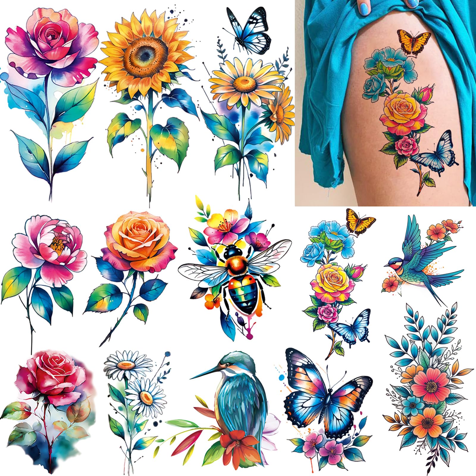 Tazimi Large Watercolor Floral Temporary Tattoos
