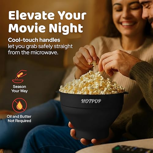 Miniatura 5 de El Hotpop Original - Palomitero para microondas, Popcorn, contenedor de silicona para hacer de palomitas de maíz, cuenco plegable sin BPA y apto