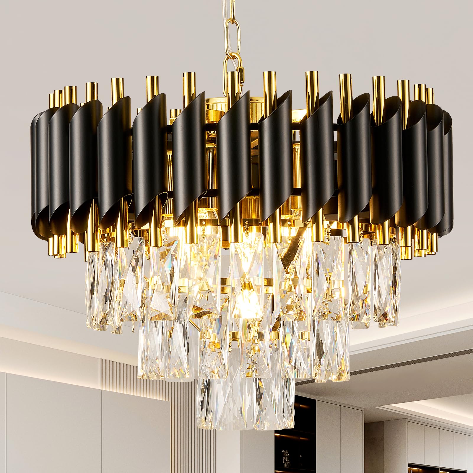 Harper Living Unisex Black Crystal Chandelier, Modern Pendant Light 3-Tier Crystals & Gold