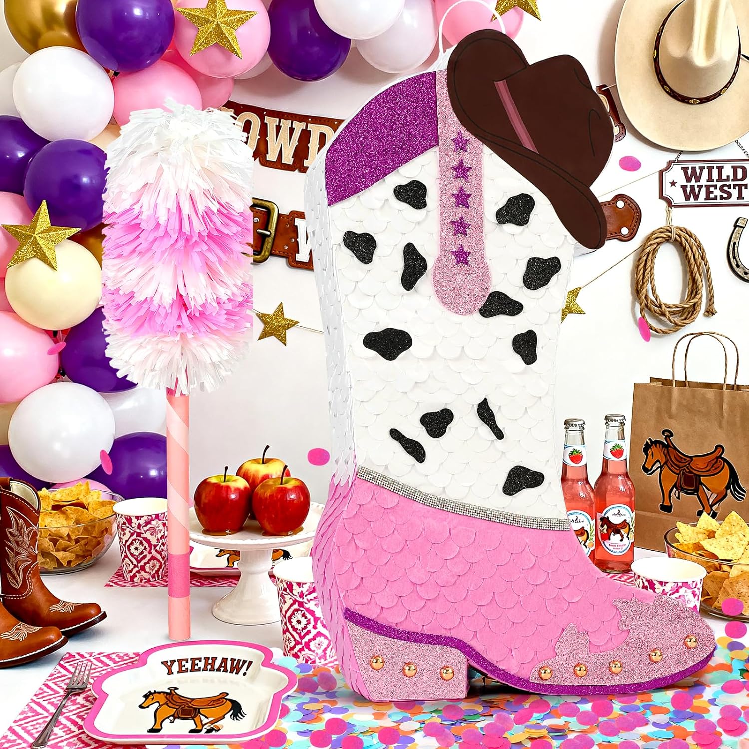 3D Pink Cowgirl Boot Piñatafor Western World Theme Party Decorations, Large Glitter Cowgirl Hat & Boot Party Supplies, Let's Go Girls Birthday Decorations, Rustic Ranch Photo Props with Stick