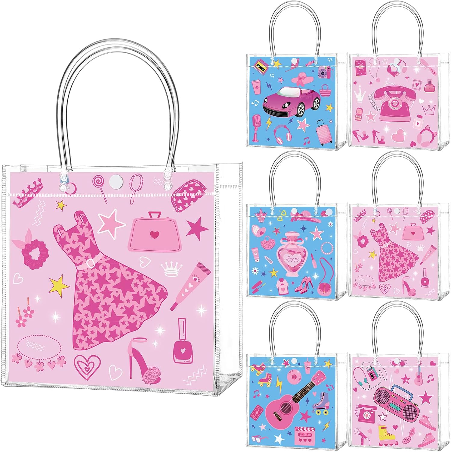 Aliceset 24 Pcs Hot Pink Party Gift Bags with Handle Clear PVC Princess Candy Treat Goodie Bags for Girl Birthday Party Favor Supplies