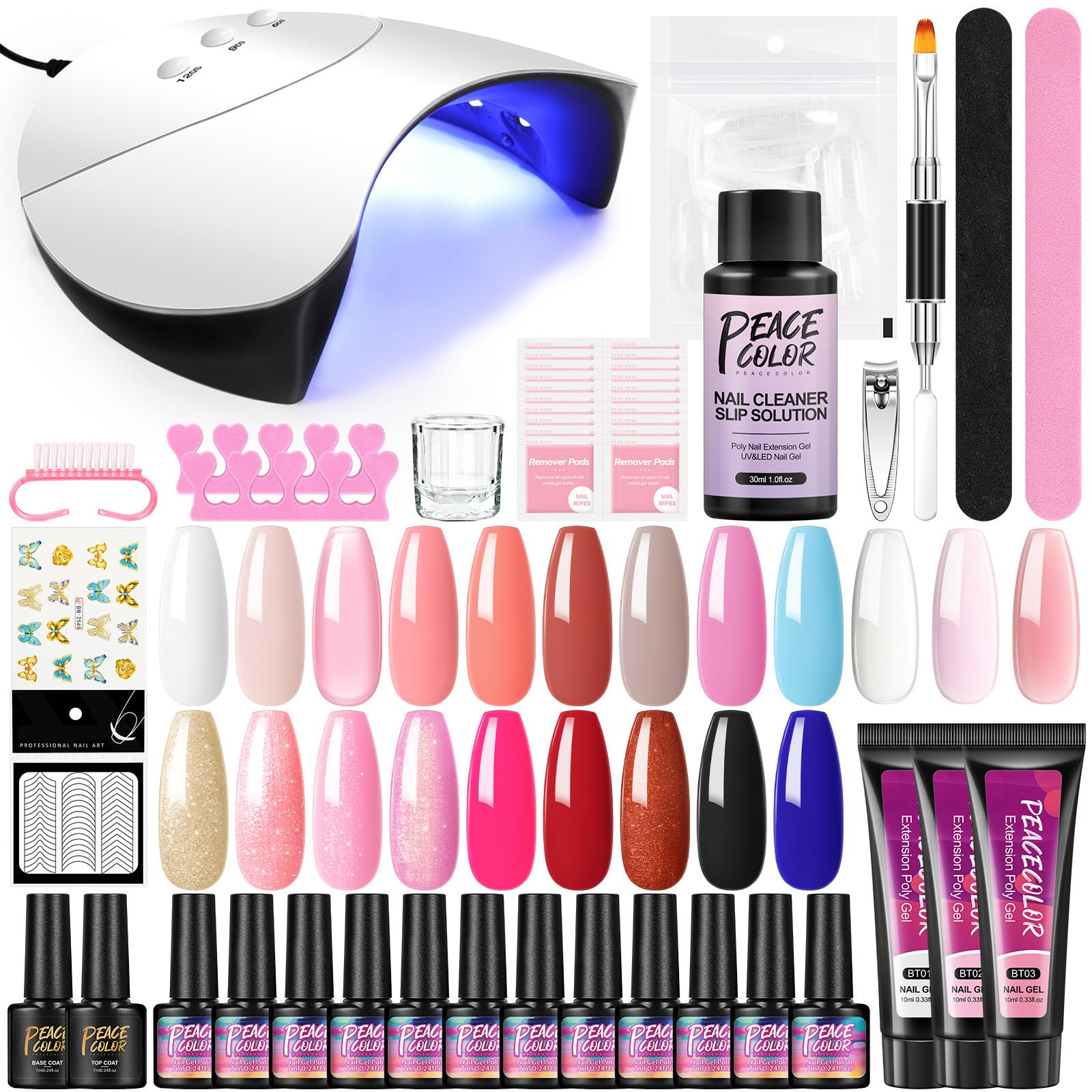 Gel Nail Polish Kit with U V Light Starter Kit 18Pcs Gel Polish Kit 3Pcs Poly Nail Gel Winter Colors Red Pink Brown Glitter Top Base Coat Nail Art Stickers Manicure Kit Gifts for Women