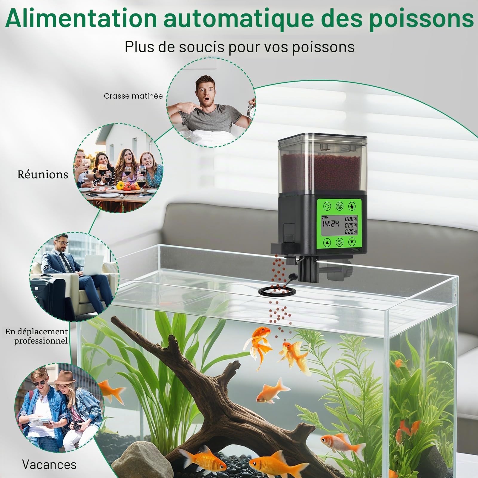 Lychee Distributeur automatique de nourriture pour poissons rechargeable USB 320 ml grande capacité écran LCD résistant à l'humidité minuterie électrique