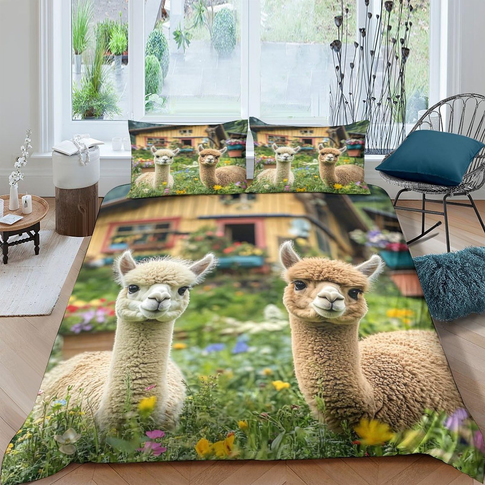 Ctjqhvkz Style-2 3D Printed Alpaca Garden Fitted Sheet Microfiber Soft Anti-Slip Floral Village Bed Cover For Bedroom Dorm Decor Single（135X200cm）