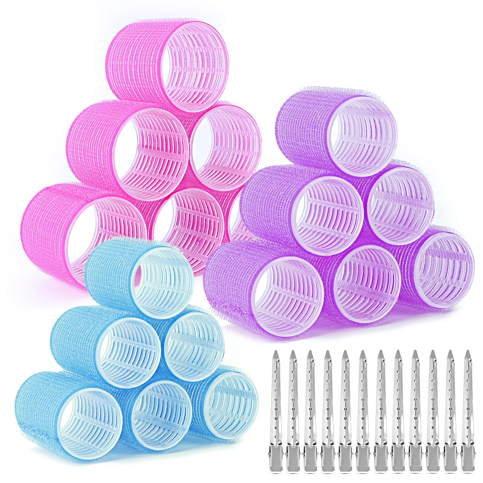 AiQInu 30 Piezas Rulos Pelo Grandes, Con 18 Bigudies Pelo Autoadhesivas Y 12 Pinzas Pelo Peluqueria, Talla Grande Rulos Para El Pelo Para Damas Y Niños Diy (60, 45, 36mm)