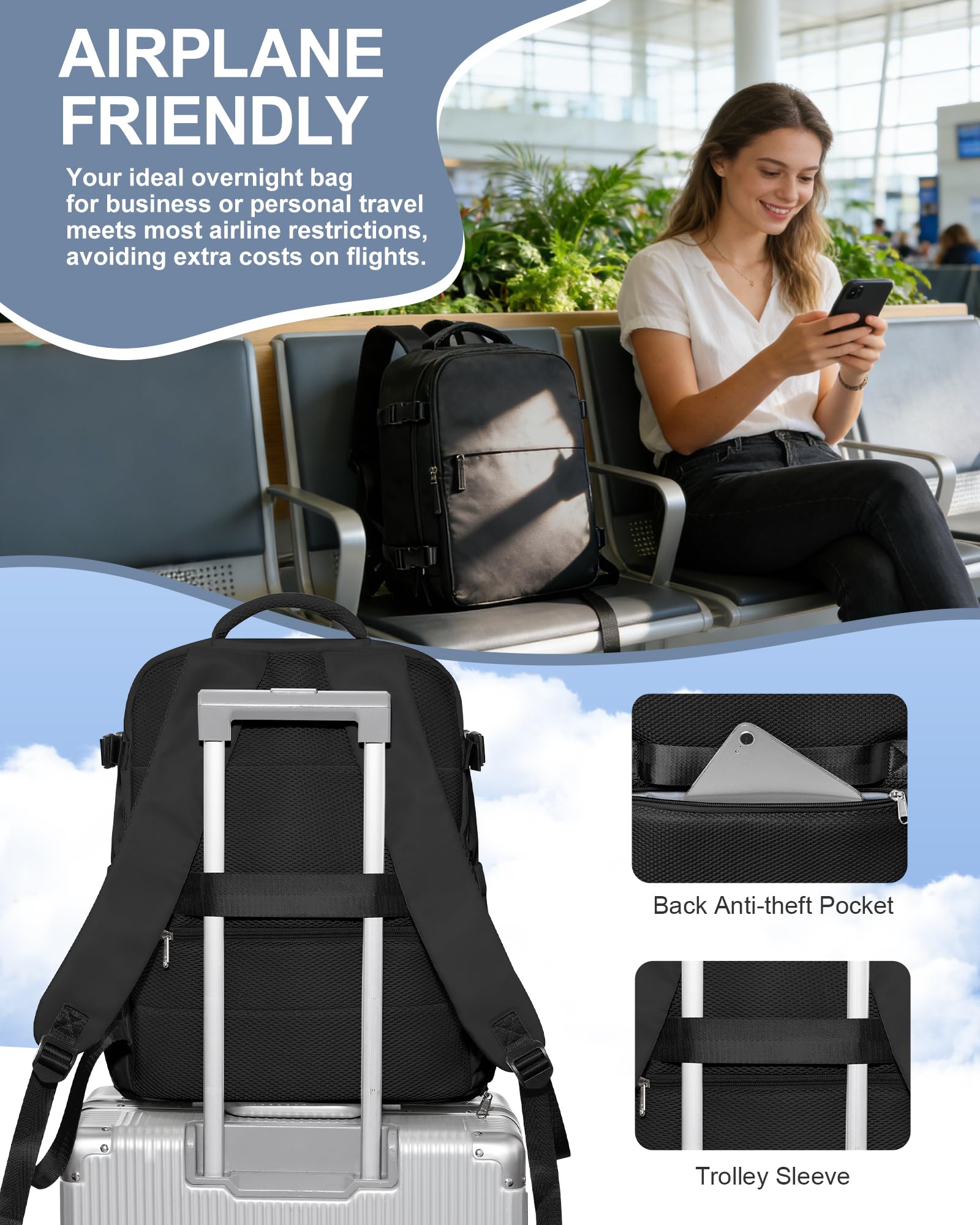 Plecak podręczny z zamknięciem próżniowym 40x30x20 dla Ryanair,bagaż podręczny pod siedzeniem,torba podróżna do samolotu,torba weekendowa,plecak turystyczny,plecak na co dzień,C01-Czarny