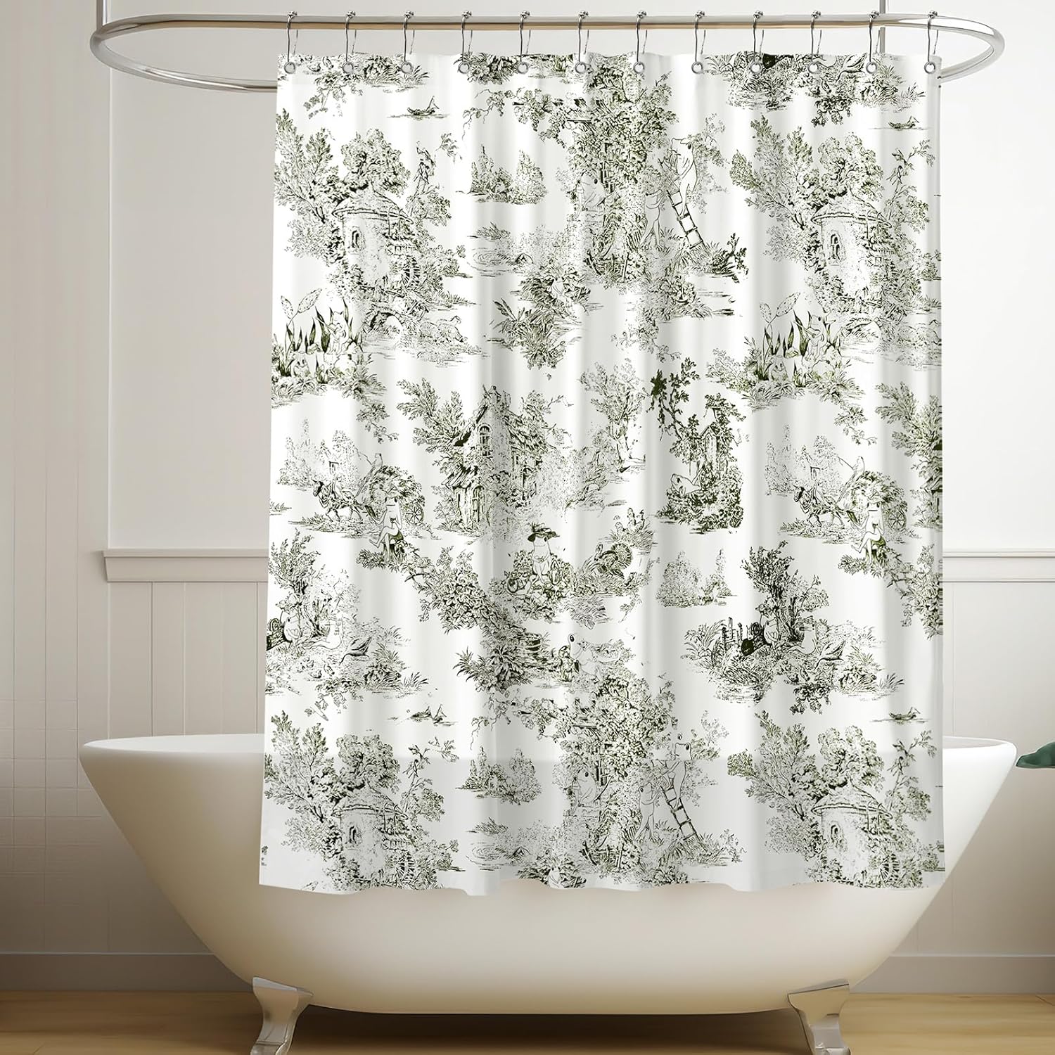 Mindsoft Vintage French Frog Toile Shower Curtain Cotton Print Curtain with 12 Metal Hooks Waterproof Bathroom Decor for Kitchen 18th Century Style Home Bath Accessories (Green,72x72 Inch)