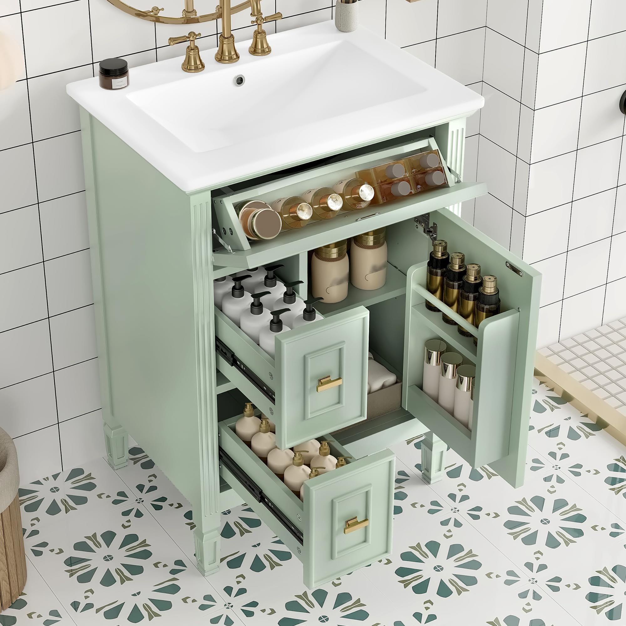 24 Inch Sage Green Bathroom Vanity with Ceramic Sink & Integrated Countertop,Modern Bathroom Vanity with 2 Left Drawers & Flip Drawer,Gold Handles,Adjustable Shelf & Door Oganizer,Solid Wood Frame