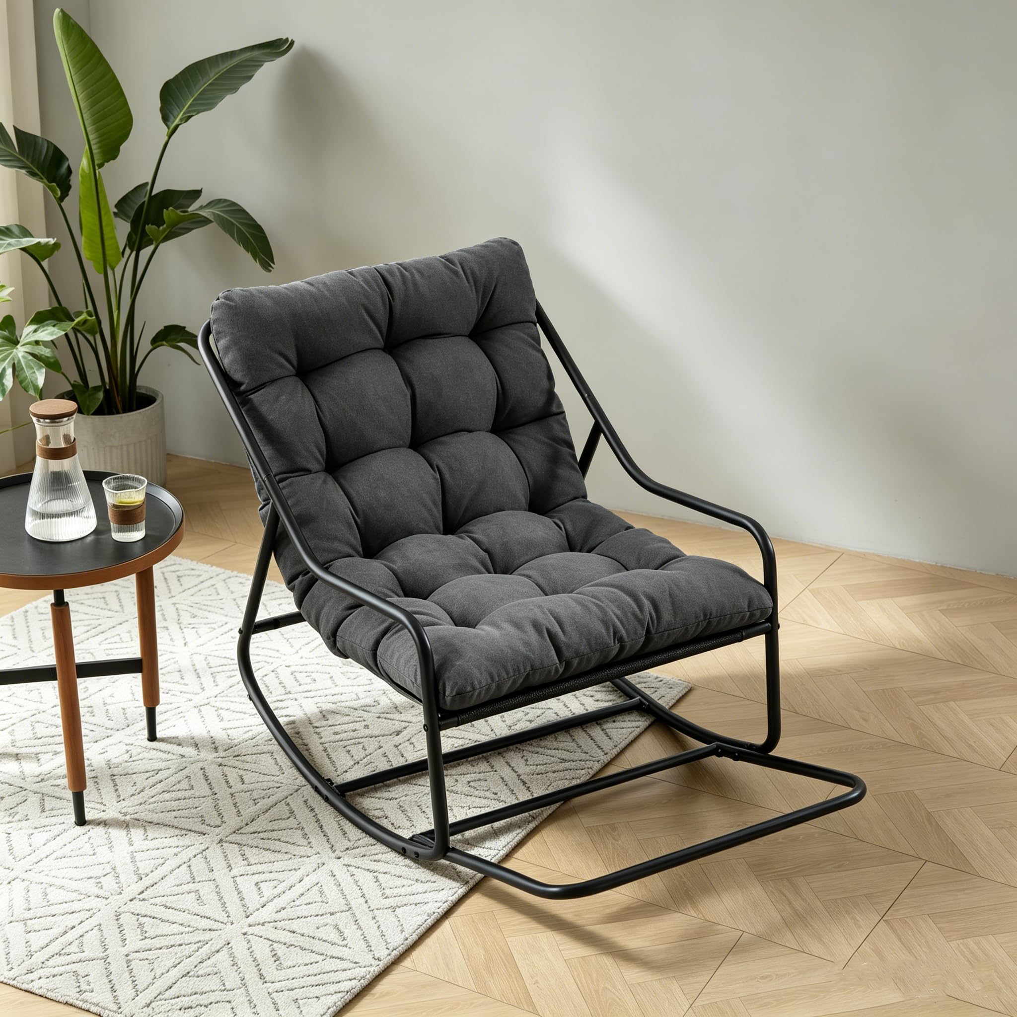 Ball & Cast Schaukelstuhl für Drinnen & Draußen, Rocking Chair mit Gepolstertem Kissen und Fußstütze, Moderner Balkonsessel für Wohnzimmer, Garten & Terrasse, Grau