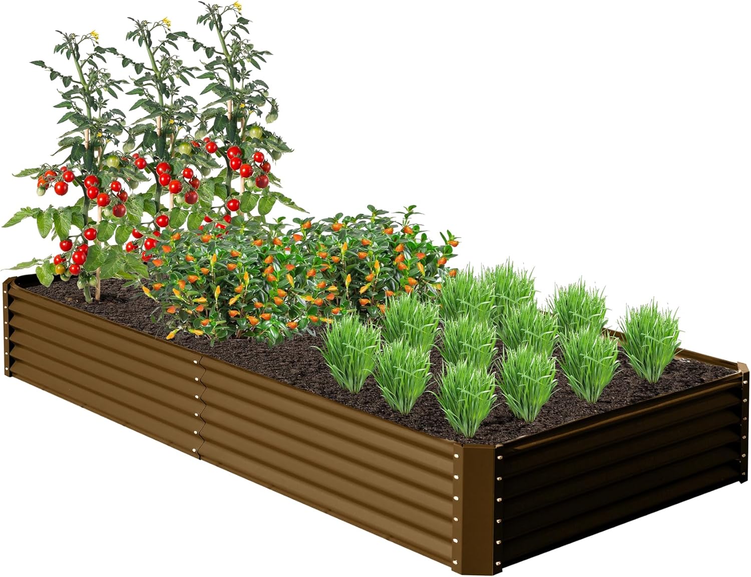 Domi 8x4x1.5ft Metal Raised Garden Beds Outdoor, Thickened Galvanized Steel Deep Root Planter Box with Stabilizing Bars & Rubber Edging for Vegetables, Flowers, Herbs - Brown