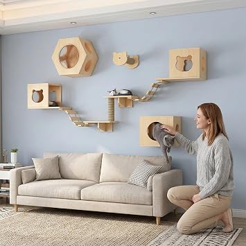 Solid Cat Shelves for Wall, 9-in-1 Cat Wall Shelves Set with scratching Post, Cat Bed, and Cat Bridge; Suitable for Multiple Cats DIY assembly available