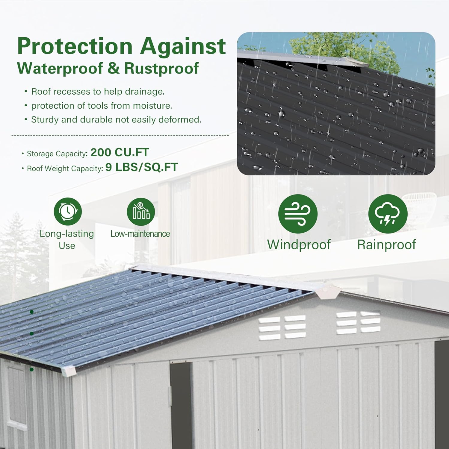 Diagram illustrating waterproof and rustproof protection features of the shed, including roof recesses for drainage